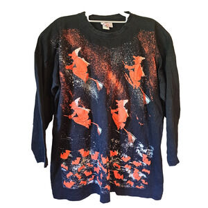 Vintage 80s/90s Halloween L/S Tshirt Witches on Brooms Flying Bats Plus Size